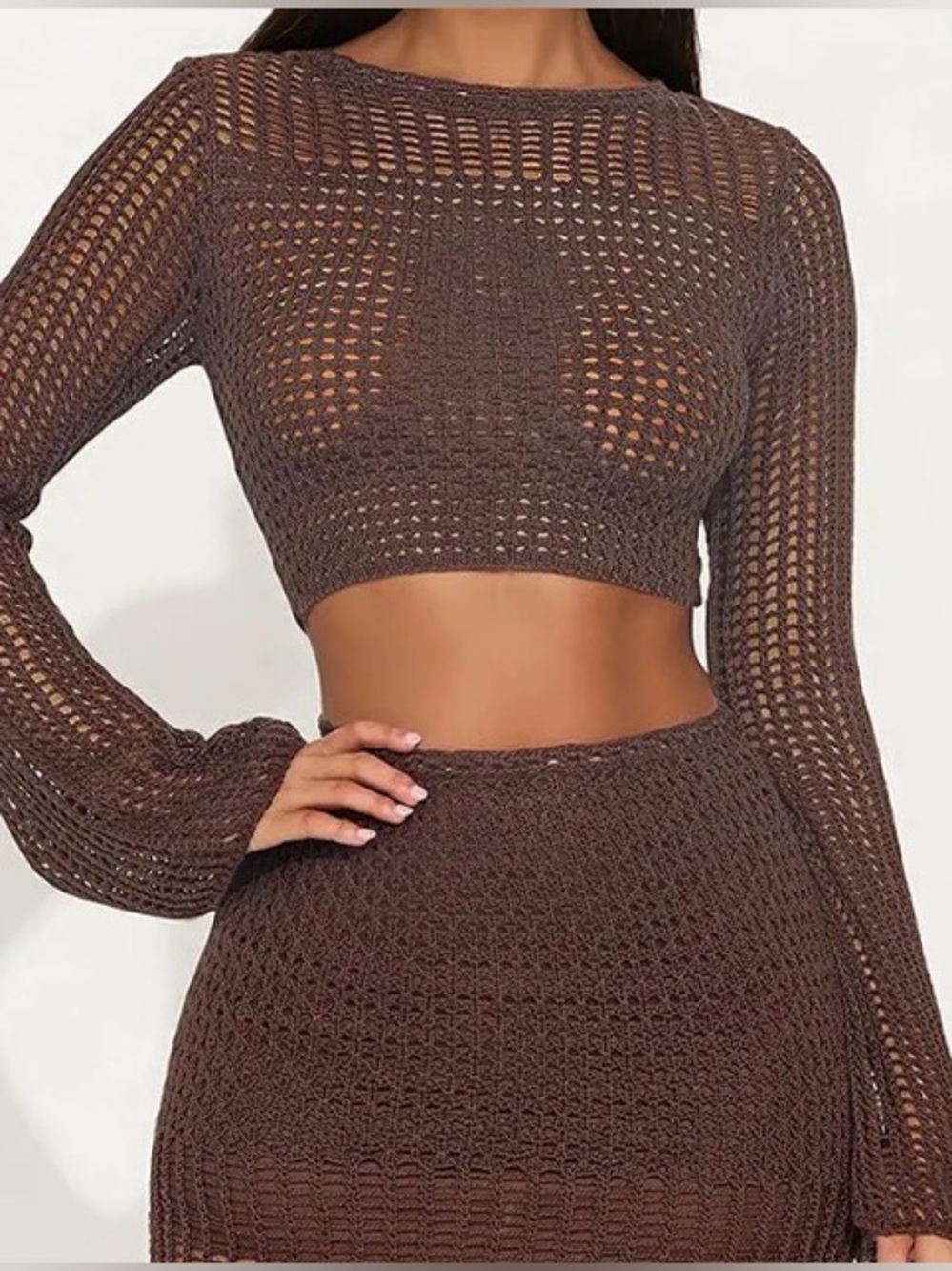 🤎🪞Chocolate Brown Crochet Mini Skirt/Bell Sleeve Top Set XS/Worn Once!🪞🤎